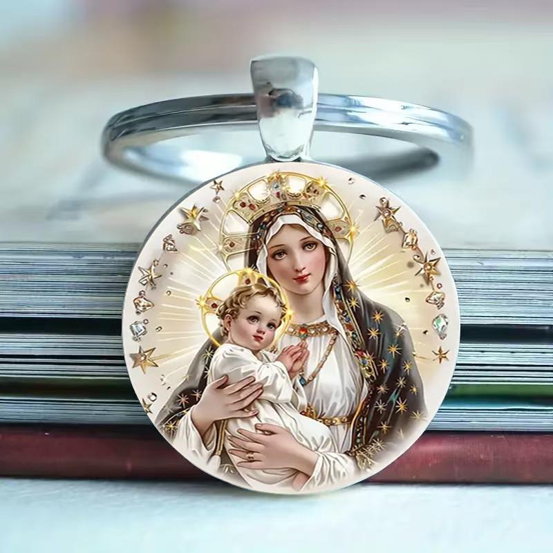 Blessed Virgin Mary Aluminum Round Keychain Gift For Religious Jewelry Collectors