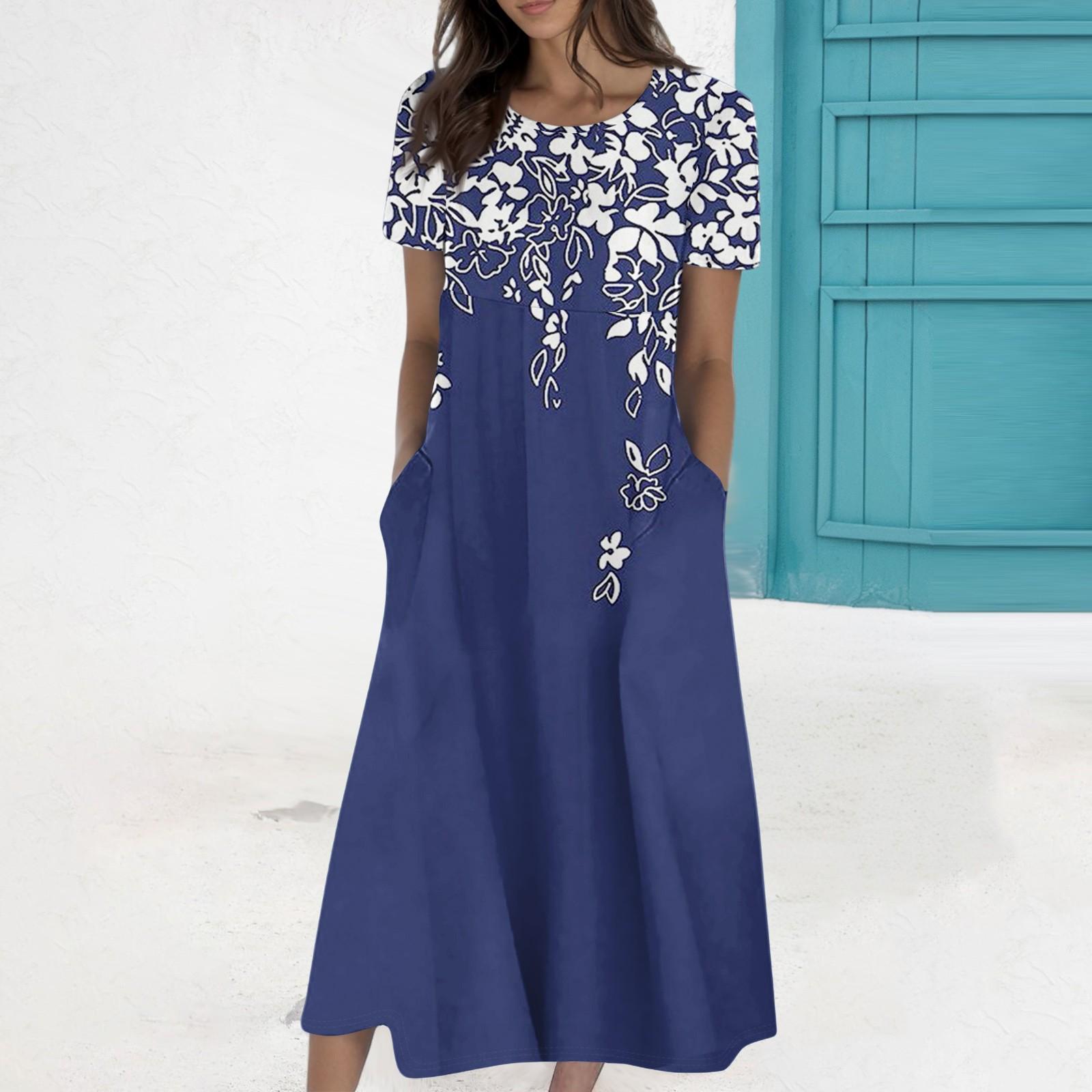 

Женское летнее повседневное модное платье с коротким рукавом и карманом с круглым вырезом XL