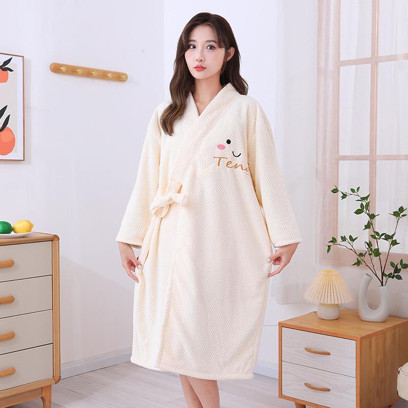 Women's Coral Fleece Bathrobe Set: Long Sleeve Bath Dress and Hair Drying Cap