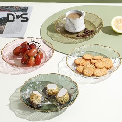 Piatto di frutta trasparente Bordo dorato Snack impilabili Piatto da portata Insalata rotonda infrangibile Piatto da pranzo per dessert Forniture per sala da pranzo