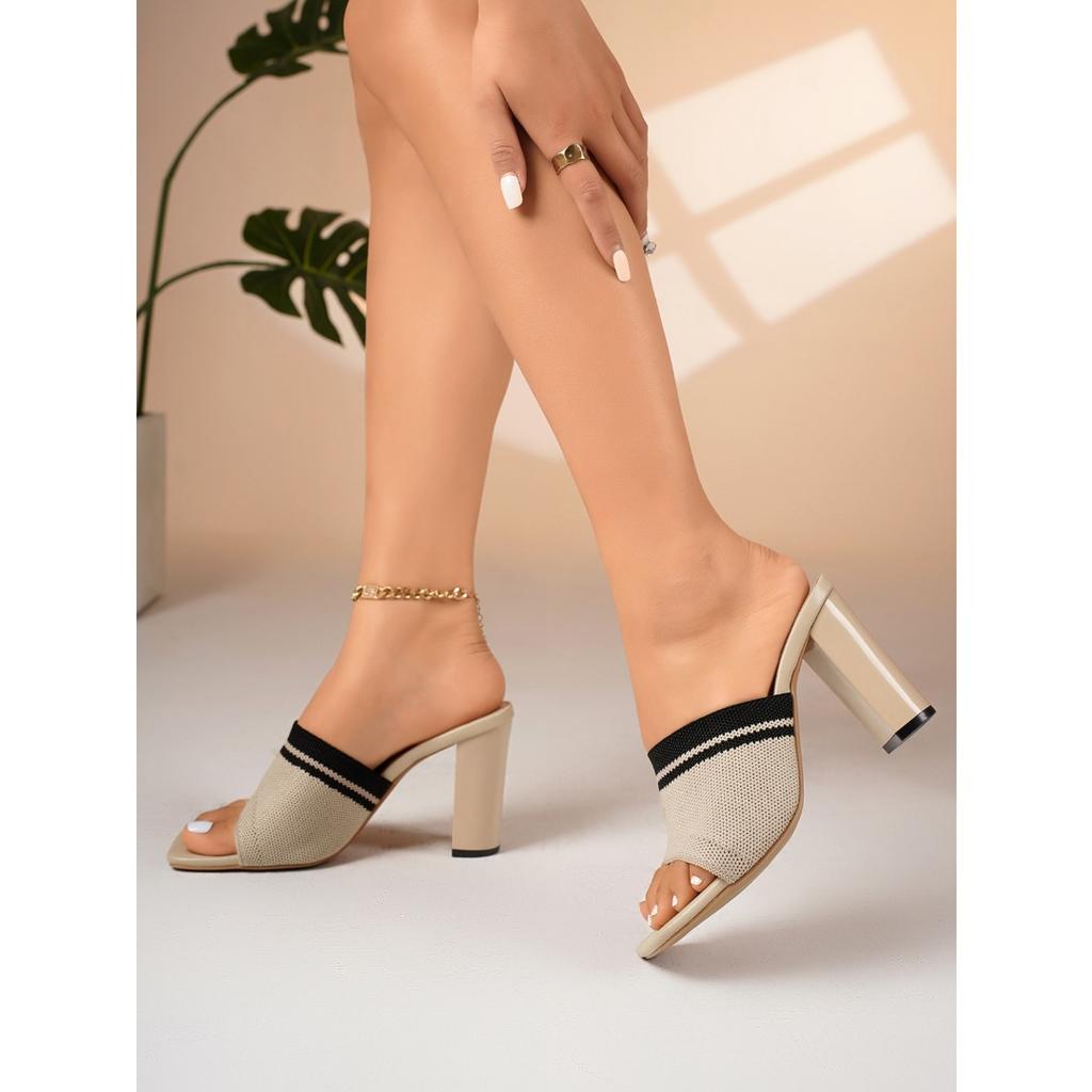 Plus Size Women’s Summer Block Heel Sandals Fashion Square Toe Slip-on High Heel Slippers