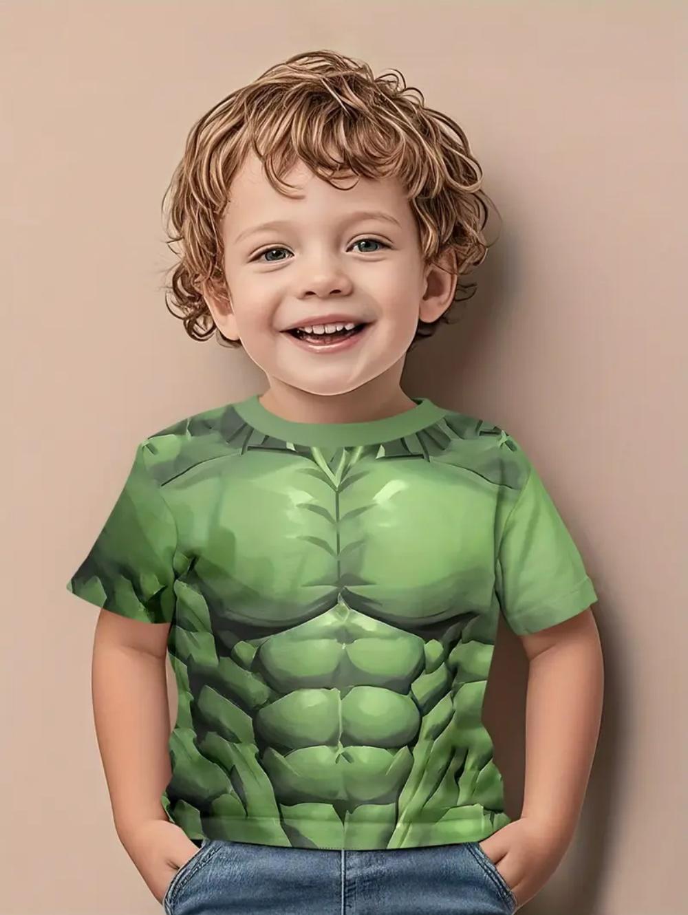 Children s Muscle Print T-Shirt, Summer Beach Vacation Boys  Short-Sleeve 3D Digital Print T-Shirt, Casual Children s Top 100