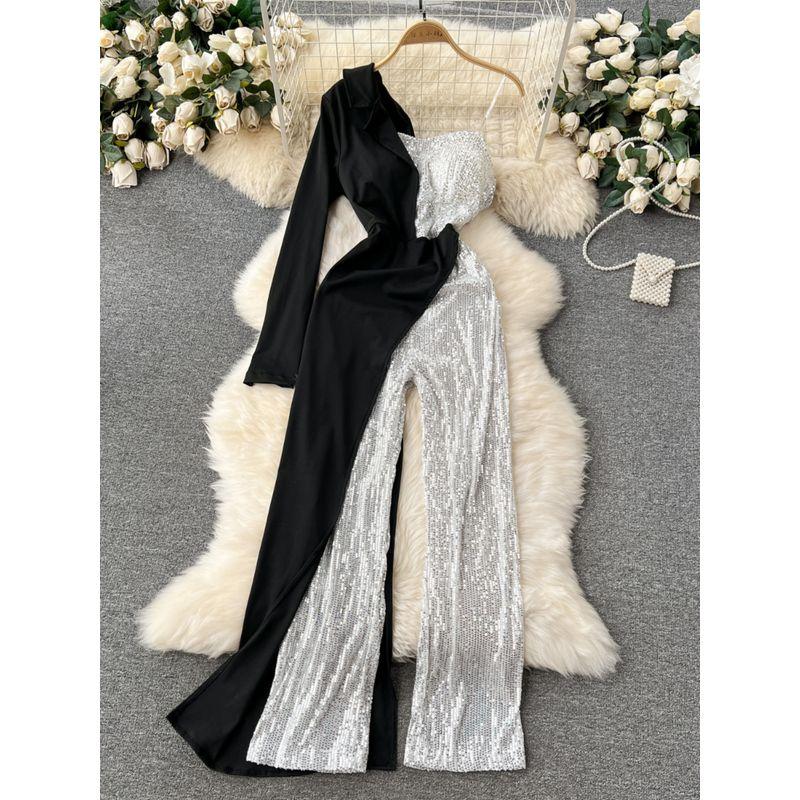 Hong Kong Style Chic Accessible Luxury off-the-Shoulder Sequined Suspender Jumpsuit