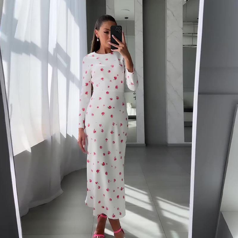 2024 Autumn Women's Round Neck Print Slim Long Sleeve Bodycon Dress.