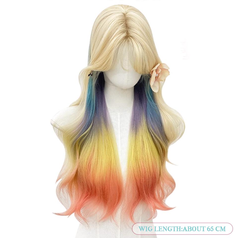 Highlighted Curly Synthetic Lolita Wig for Women Long Curly Wig with Straight Bangs Suitable for Women's Everyday Wear
