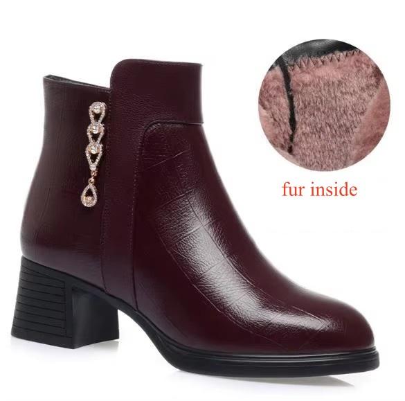 5cm 8cm Comfortable All Match Soft Leather Ankle Boots Women Shoes Winter 2026 Elegant Block Heels Warm Fur Boots for Mom Daily