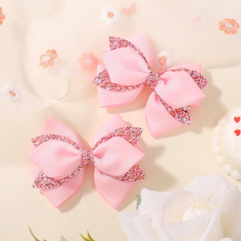 2Pcs/set Colorful Party Bowknot Ribbon Hair Clips for Girl Glitter Hair Bangs Hairgripes Lovely Solid Color Barrette