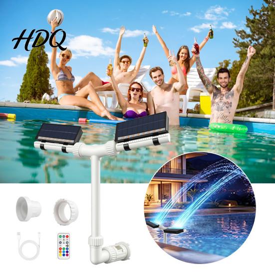 Waterproof Solar Fountain Pool Fountain Swimming with Multi-Color LED Lights Dual-Head Adjustable Spray Powered Remote Control Timer Auto