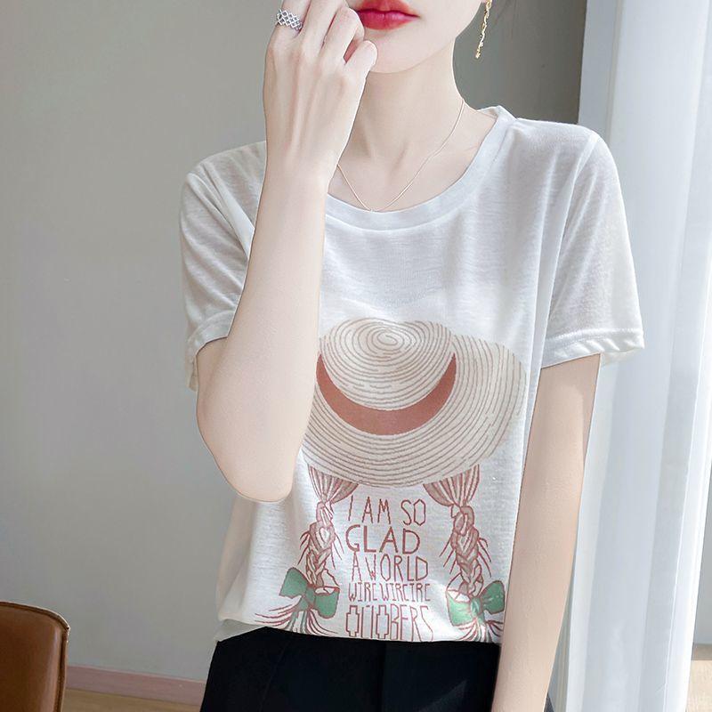 Spring and Summer Round Neck Knitted Short Sleeve T-shirt Women's Printed Loose Bottoming Top