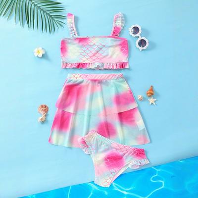 Girls Mermaid Swimsuit 3 Piece Bathing Suits Cute Quick Dry Bikini Tankini Sets with Cover Ups Beach Skirt for 7-14 Years