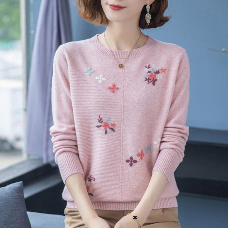 Spring Autumn Women's Crewneck Sweater Embroidered Loose Plus Size Knitwear Pullover Stretch Knit Top