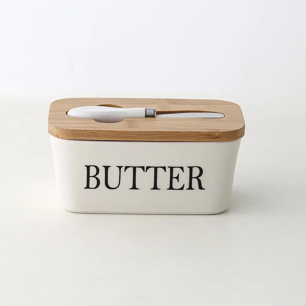 Butter Box Sealing Tool, Wood Lid Knife, Food Dish, Ceramic Keeper, Cheese Storage Tray Plate Container For Kitchen