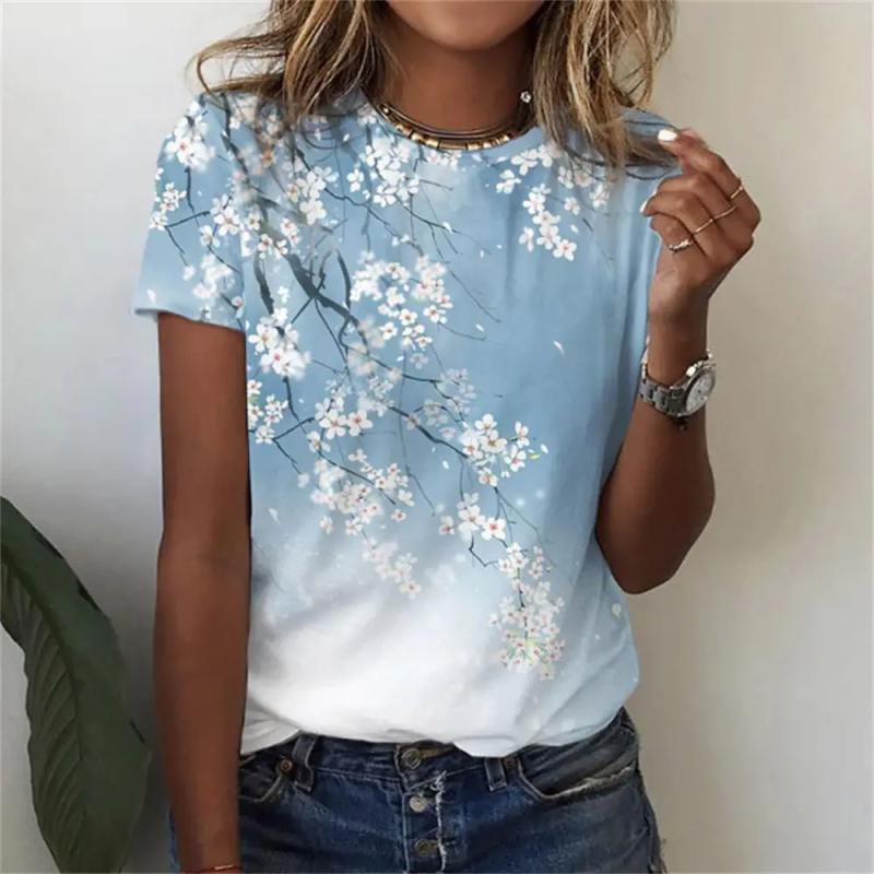 Summer Flower Pattern 3D Printed T-shirt for Women, Round Neck Short Sleeved Casual T-shirt, Harajuku T-shirt, Y2k Top, Women's Clothing
