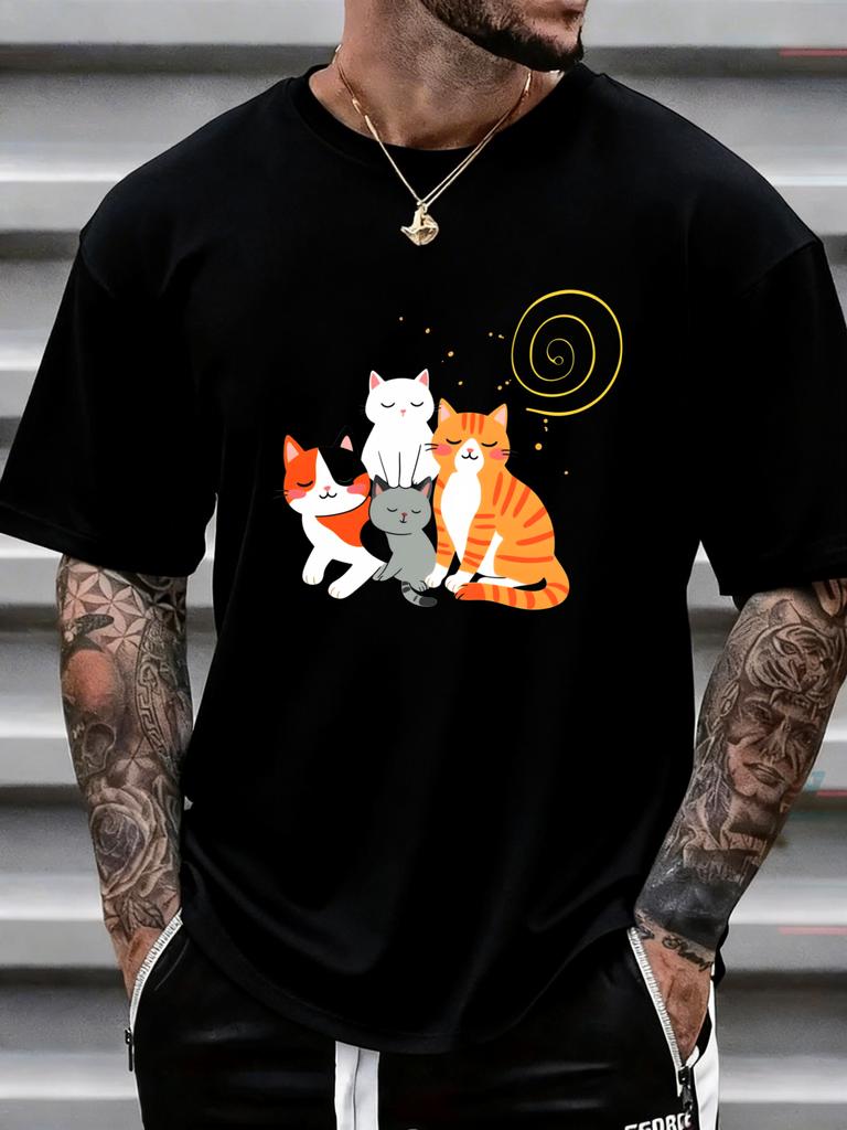 Unisex Navy Tee Four Cute Sleeping Kittens With Spiral Pattern Cartoon Print Crew Neck Loose Casual Male Short Sleeve Tops