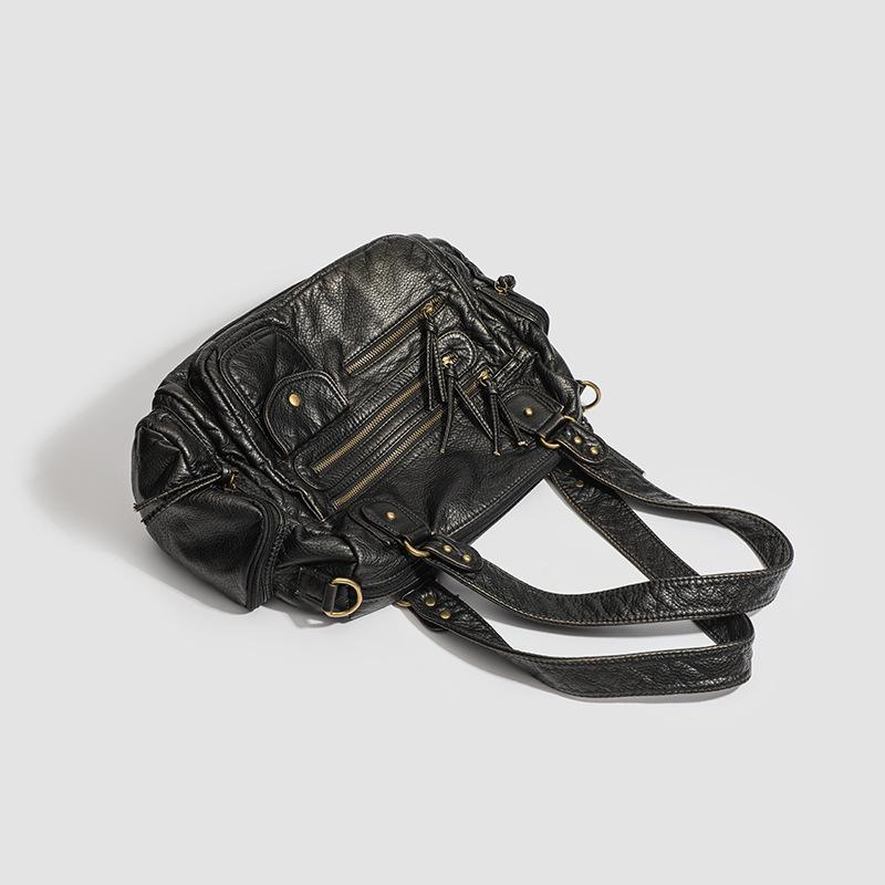 European and American Women's Fashionable Simple Washing and Old Hot Girl Motorcycle Bag Large Capacity Retro One Shoulder Crossbody Bag