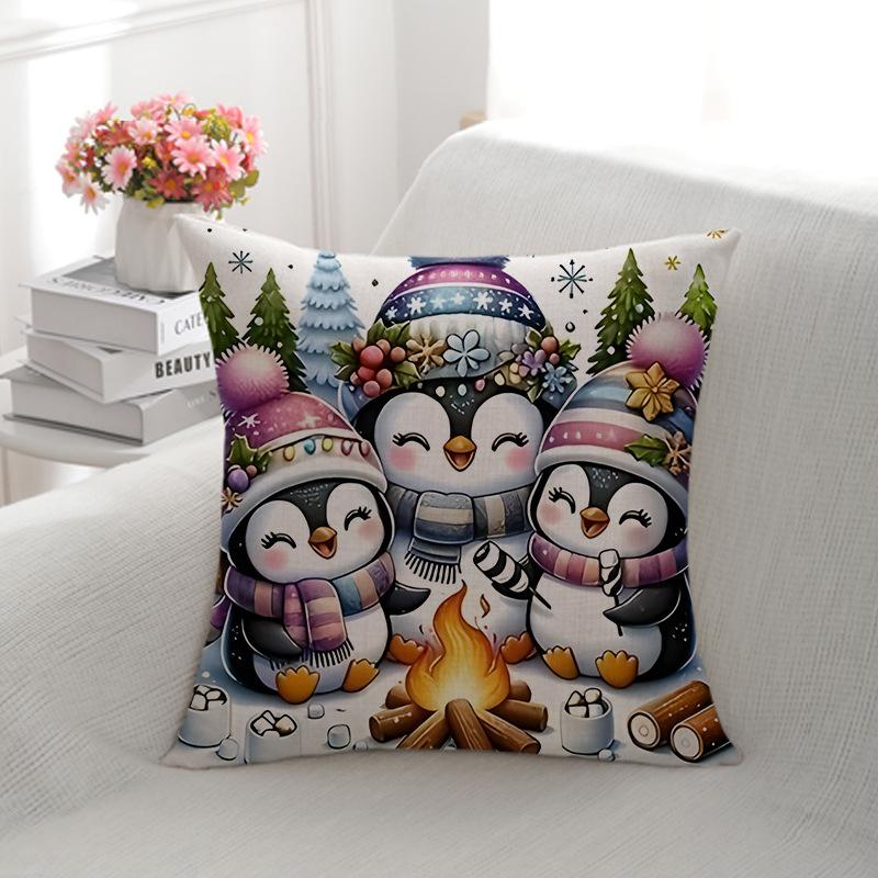 Christmas Style Linen Christmas Penguin Decoration Sofa Backrest Double-sided Printed Pillowcase Home Cushion Cover