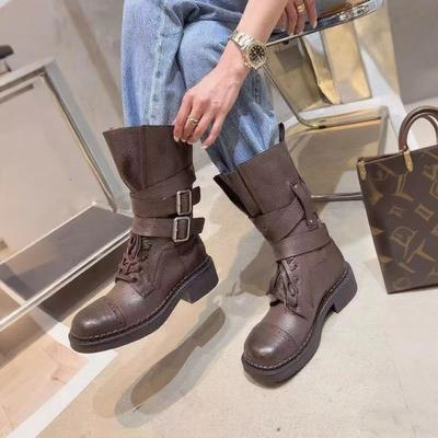 Version cuir de vache~ bottes Martin rétro polyvalentes 2025 automne nouveau style britannique bottes Martin tige moyenne talon épais boucle ceinture femmes