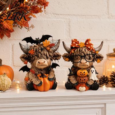 Polished Wood Art 2PCS Highland Cow Ornament, Wooden Rustic Style Figurine, Thanksgiving Fine Carving Theme Art, for Entrance Living Room Decor