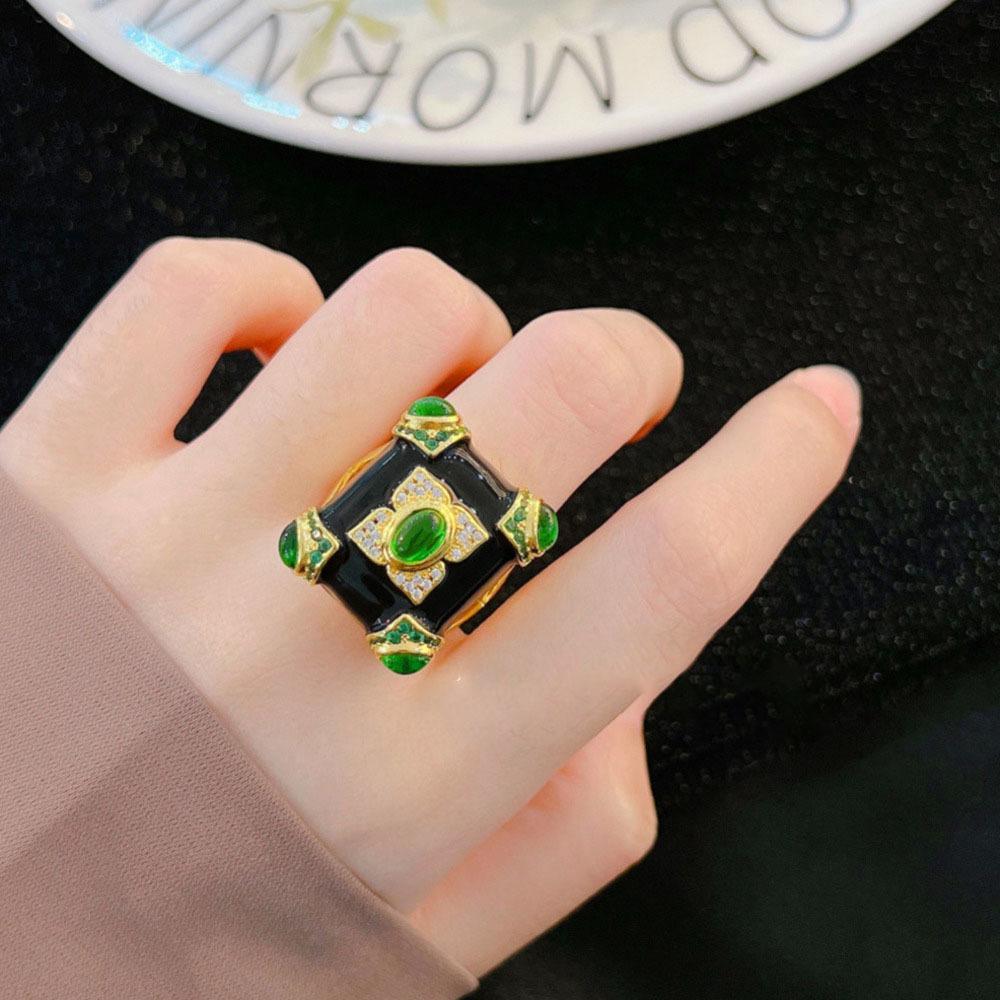 Wosikate Women'S Ring Vintage Emerald Glazed Black Onyx 18K Gold Plated Elegant Ladies Ring Wedding Jewelry Anniversary Gifts