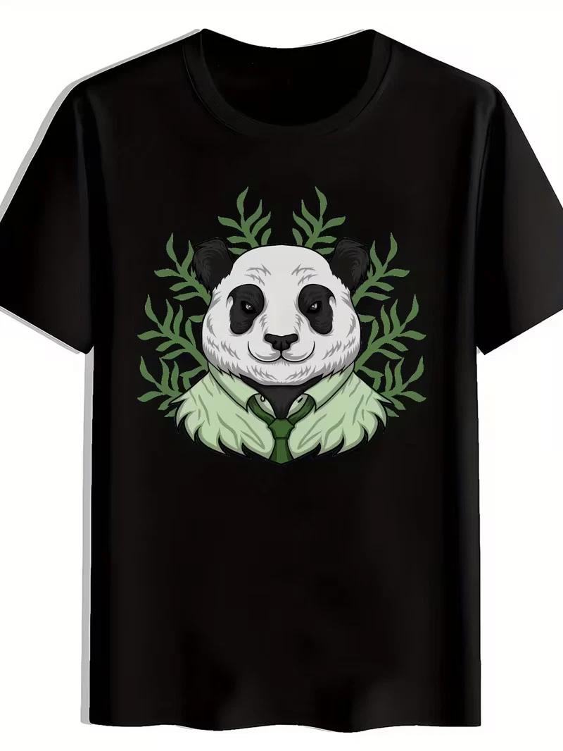 Men S Casual Panda Graphic T-Shirt with Green Leaf Print – Black Round Neck Tee, XL