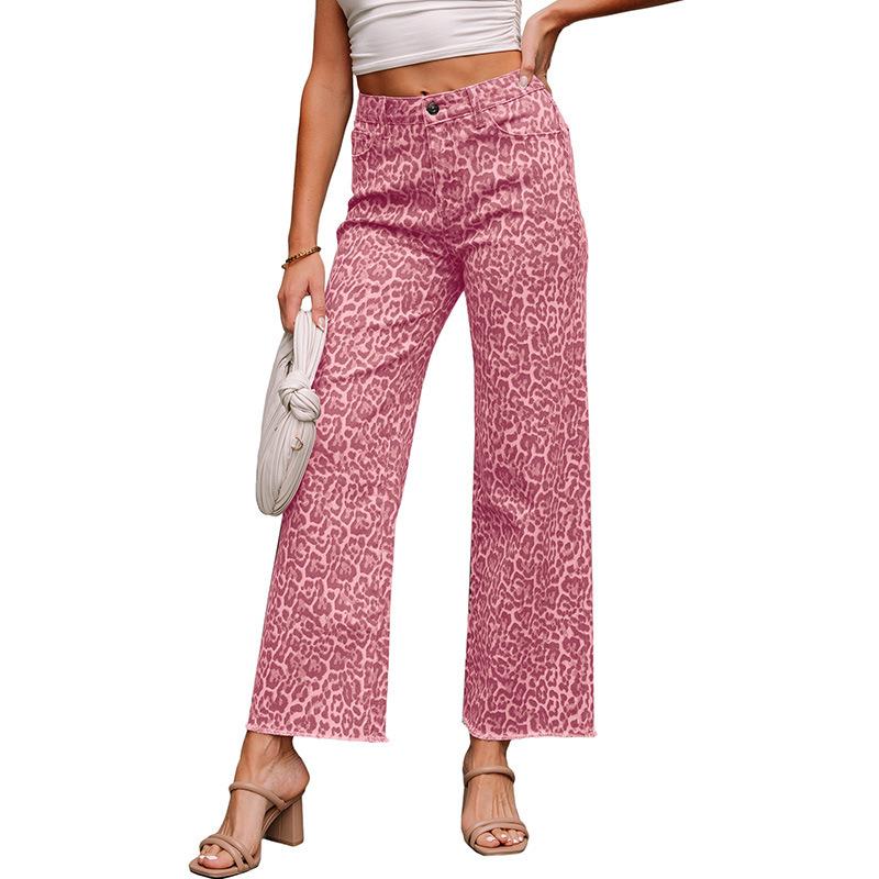 Women's High Waist Straight Leg Jeans Leopard Print Raw Frayed Hem Denim Long Pants