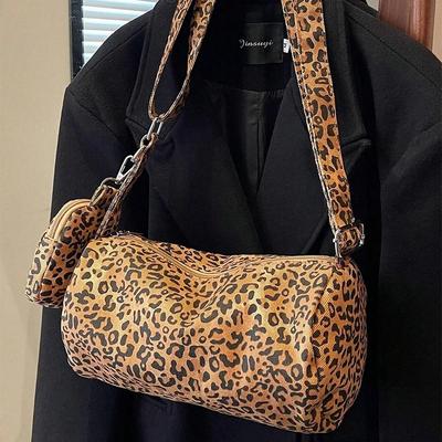 Popular Leopard Print Wide Shoulder Strap Crossbody Bag Fashionable Brown Shoulder Bag Women's Pillow Bag