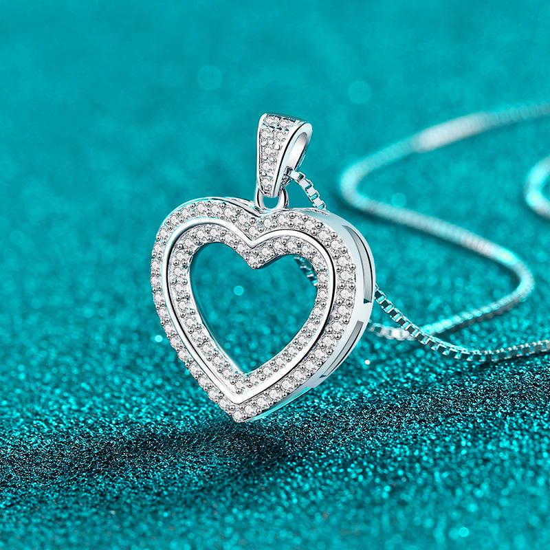 Yin Baichuan S925 Sterling Silver Double Layer Heart Moissanite Necklace for Women - Cute, Sweet, and Exquisitely Gorgeous
