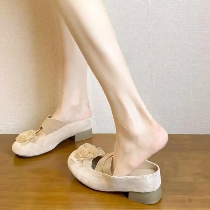 Fashion Inner Heightened Cool Drag Female Spring New Round Head Shallow Mouth Camellia Flower Soft Bottom One Foot and Half Drag
