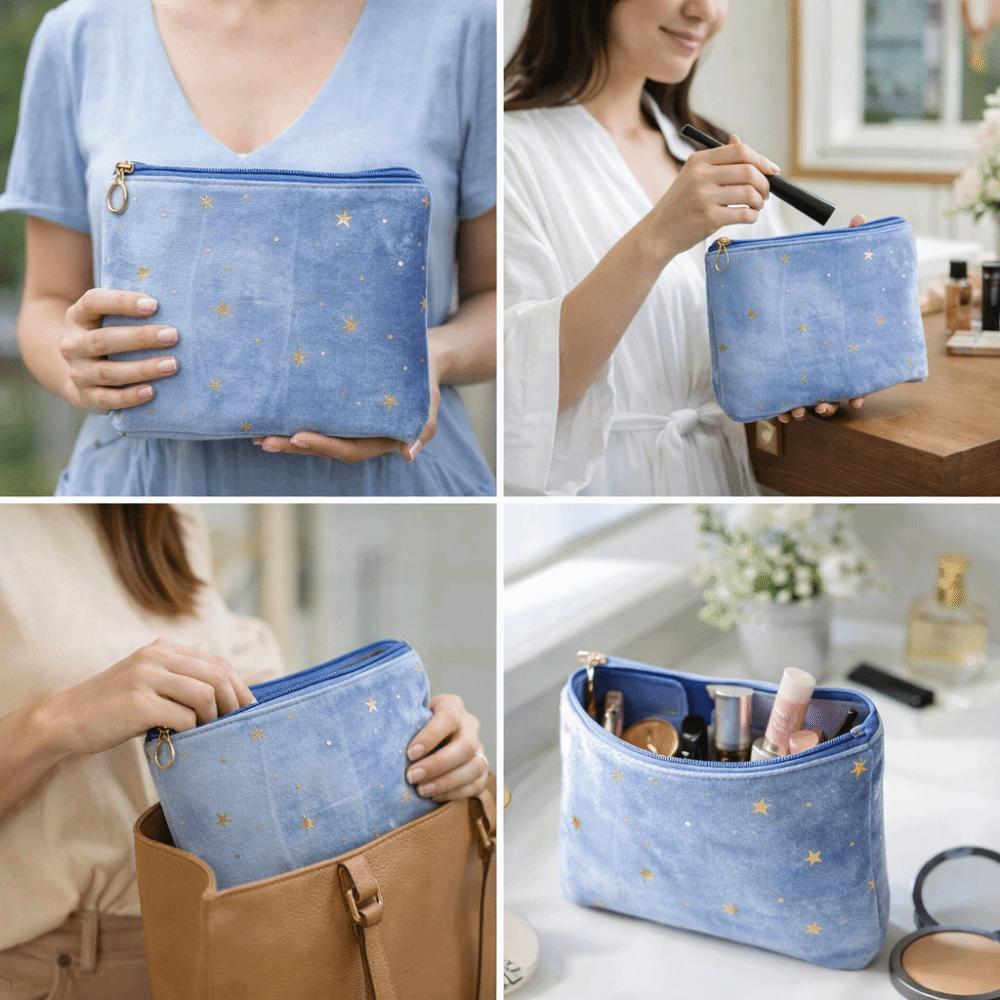 Fashion Portable Cosmetic Bag Hot Stamping Star Pattern Soft Velvet Women Toiletry Bag with Zipper Make Up Storage Bag