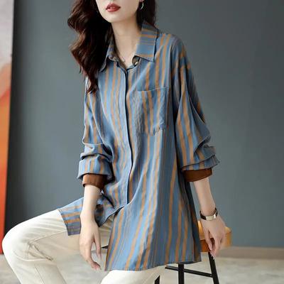 Cotton Shirt Women's Large Size Loose Soft  Ing Shirt Striped Slim Warm Elegant Long-sleeved Blouse