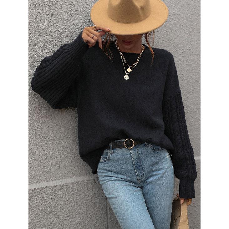 Pulover Tricotat Culoare Solidă European și American Toamnă și Iarnă Mânecă Lungă Ață Groasă Gât Rotund Top Pulover cu Romburi pentru Femei