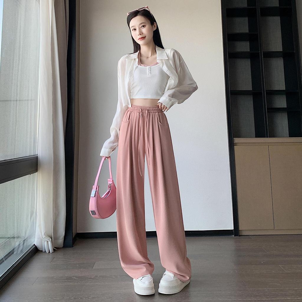 Women's High-Waist Summer Silk Wide-Leg Floor-Length Pants, Versatile & Slimming (Style 66248#)