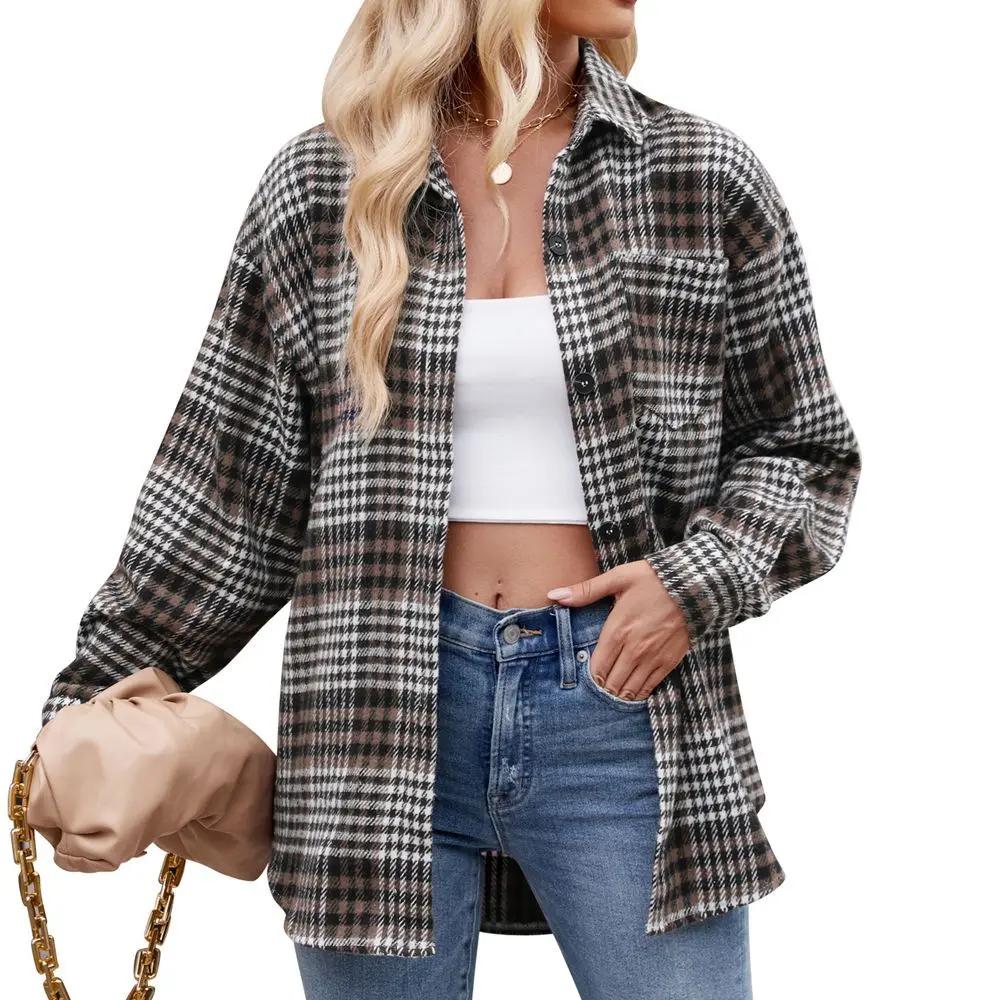 Plaid Button Flannel Woolen Single-breasted Shirt Autumn and Winter Women's Loose Contrasting Lapel Houndstooth