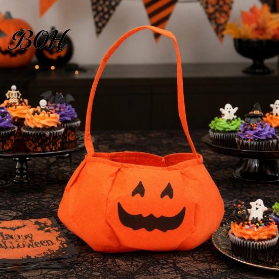 Halloween Gift Bag Pumpkin Candy for Kids, Small Trick or Treat Bucket, Reusable Soft Face Basket with Handle Party Decoration