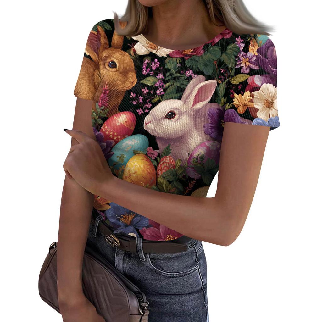 Women's Casual Fashion Round Neck Easter Print Short Sleeve Ribbed Top