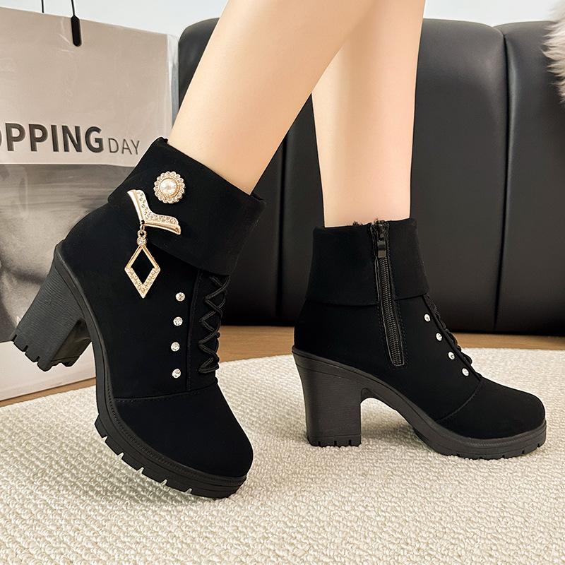 European And American Women'S Shoes Rhinestone Large Size Thick Heel High Heel Women'S Boots Autumn Round Head Short Martin Boots Women
