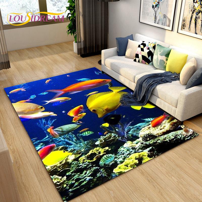 3D Underwater World Sea Turtle Dolphin Area Rug Large,Carpet Rug for Living Room Bedroom Sofa Doormat Kitchen,Non-slip Floor Mat