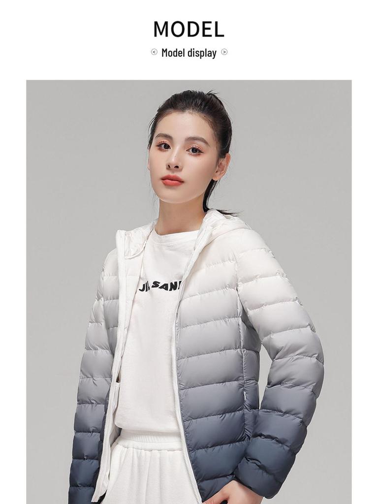 Youjia Women's Gradient Lightweight Down Jacket - 90% White Duck Down, Short Style, Hooded, Autumn/Winter Fashion.