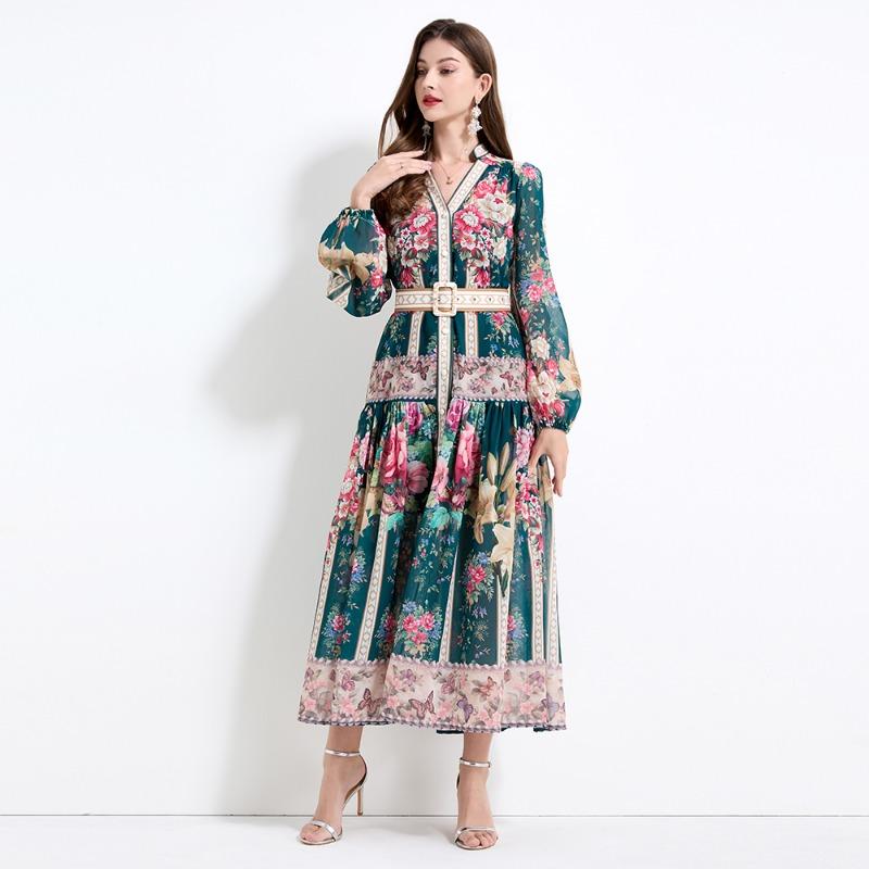 Summer Autumn Women V-neck Vintage Print Chiffon Runway Dress Single Breasted Long Maxi Oversize Vacation Beach Dresses with Belt