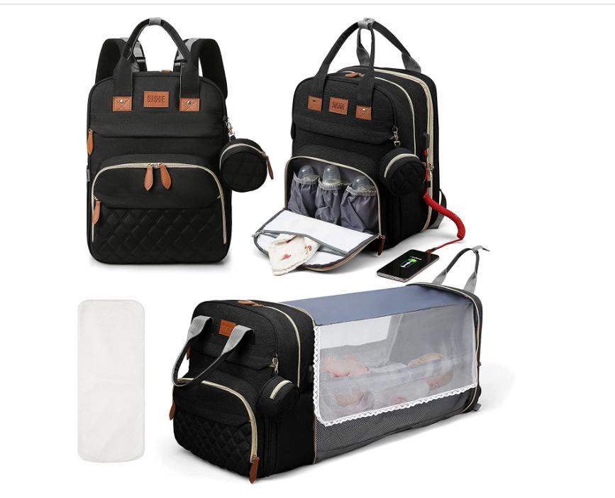 3 In 1 Diaper Bag Backpack Foldable Baby Bed Waterproof Travel Bag with USB Charge Diaper Bag Backpack with Changing Bed 3 Types