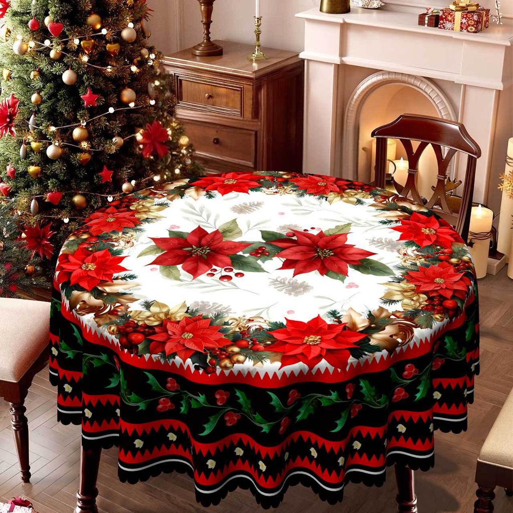 Christmas Round Table Cloth, Red Flowers, Pine Cones, Berries, Wavy Edge Round Table Tablecloth Retro