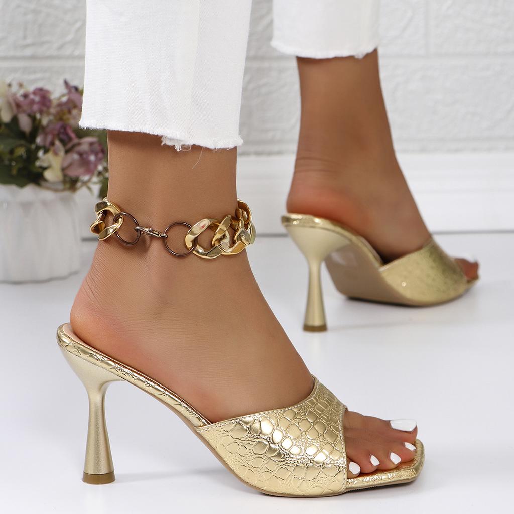 Fashion Luxury Gold Silver High Heels Sandals Women 2025 Slip On Square Toe Summer Slippers Woman Plus Size 43 Thin Heeled Party Shoes