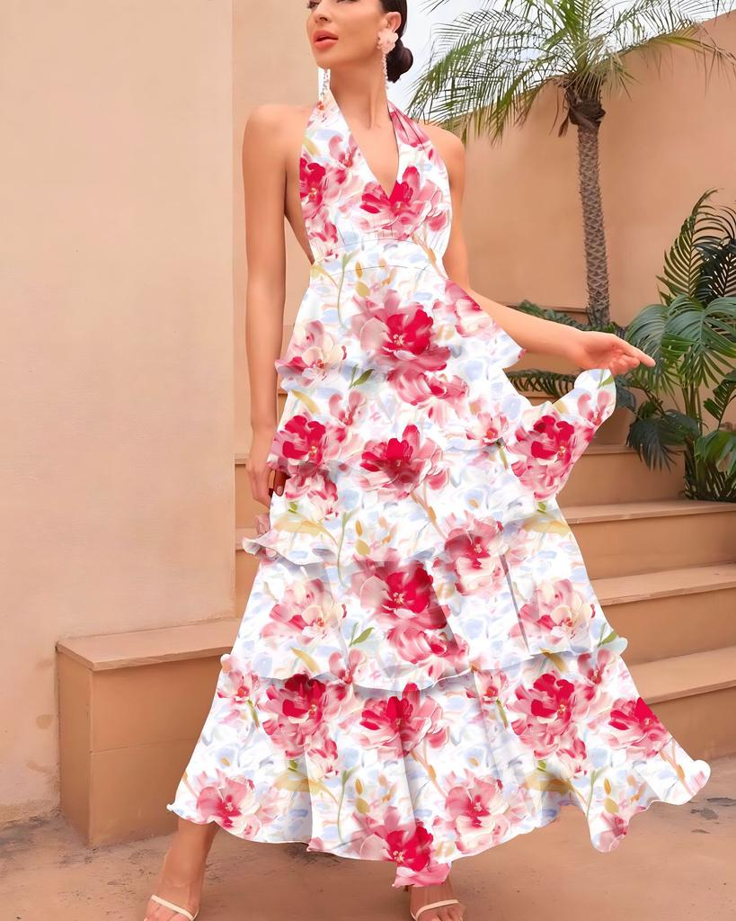 Spring 2025 new foreign trade European and American women's dress fashionable and sexy V-neck suspender multi-layer printed dress