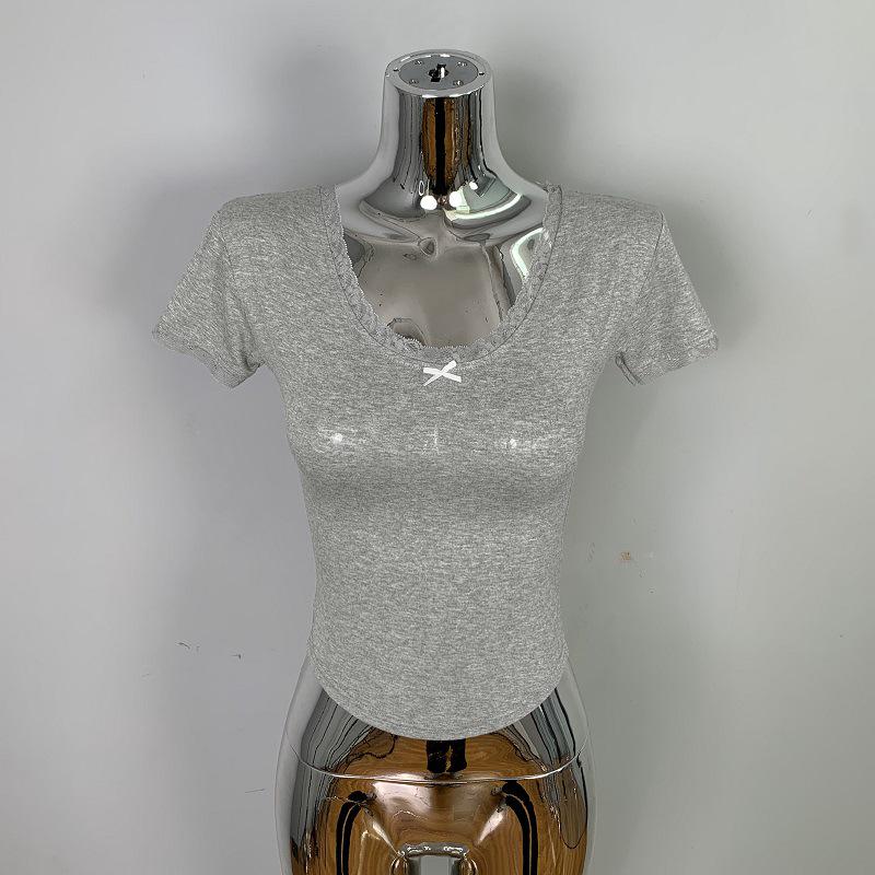 

Korean Bow Lace Short Sleeve Slim Fit T-shirt - Women s Trendy Style Top One Size