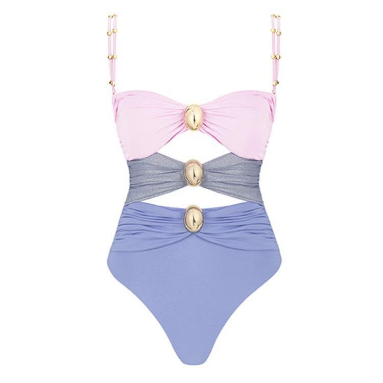Costum de baie bikini întreg patchwork cu fustă pentru femei 2025, culoare uni