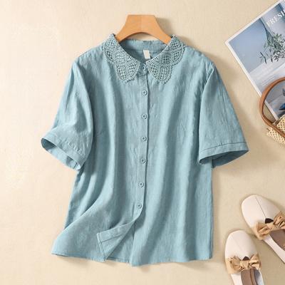 Sommer-Oberteil aus Baumwoll-Leinen für Damen, Bluse mit Jacquard-besticktem Spitzenkragen