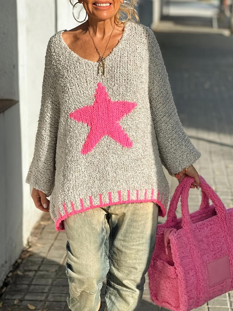 2025 Autumn New Foreign Trade Star Pattern Women's Sweater Casual Loose Circle Yarn V-neck Knitted Sweater