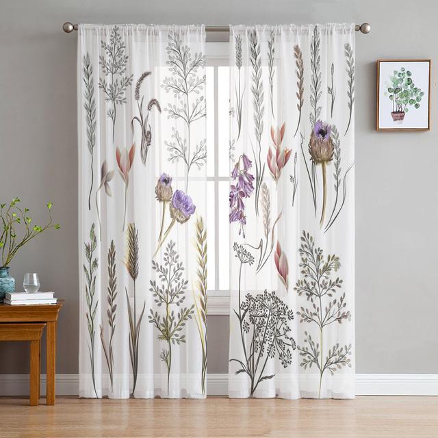 Herbal Flowers Spring Floral Sheer Voile Curtains For Living Room Bedroom Kitchen Festival Decor Chiffon Tulle Window Curtains
