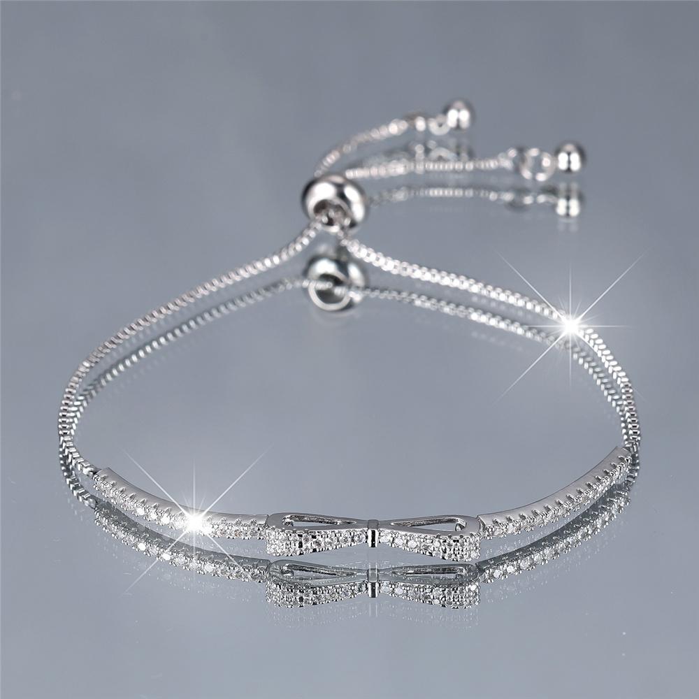 Charm Female White Zircon Stone Cute Bowknot Bracelet Cute Silver Color Adjustable Wedding Jewelry For Women