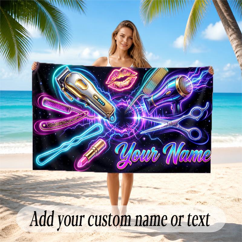 Barber Salon Theme Quick Dry Beach Towel Custom Name Text Print Large Sand Resistant Towel Beach Vacation